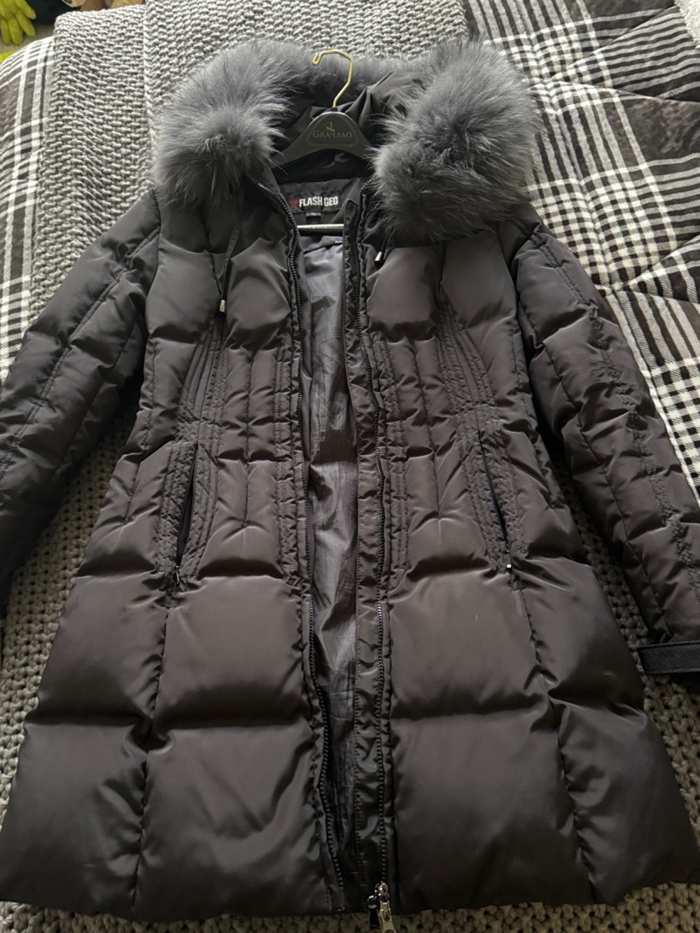 Flash Geo Duck Down Coat with Fur Trim on Hood